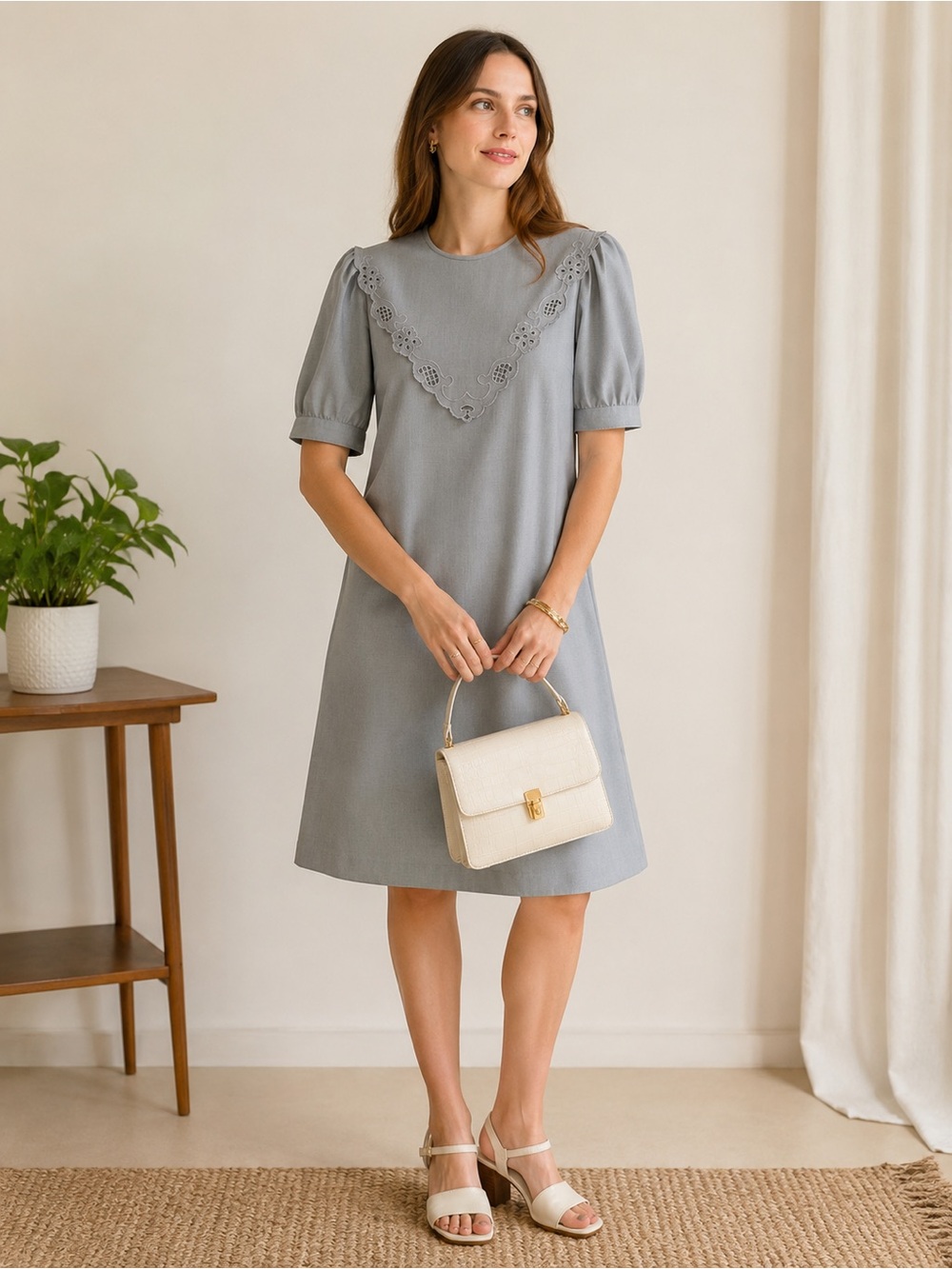Leslie Fay Vintage 70s Classic Eyelet-Yoke Short Sleeve Dress in Gray Size 14